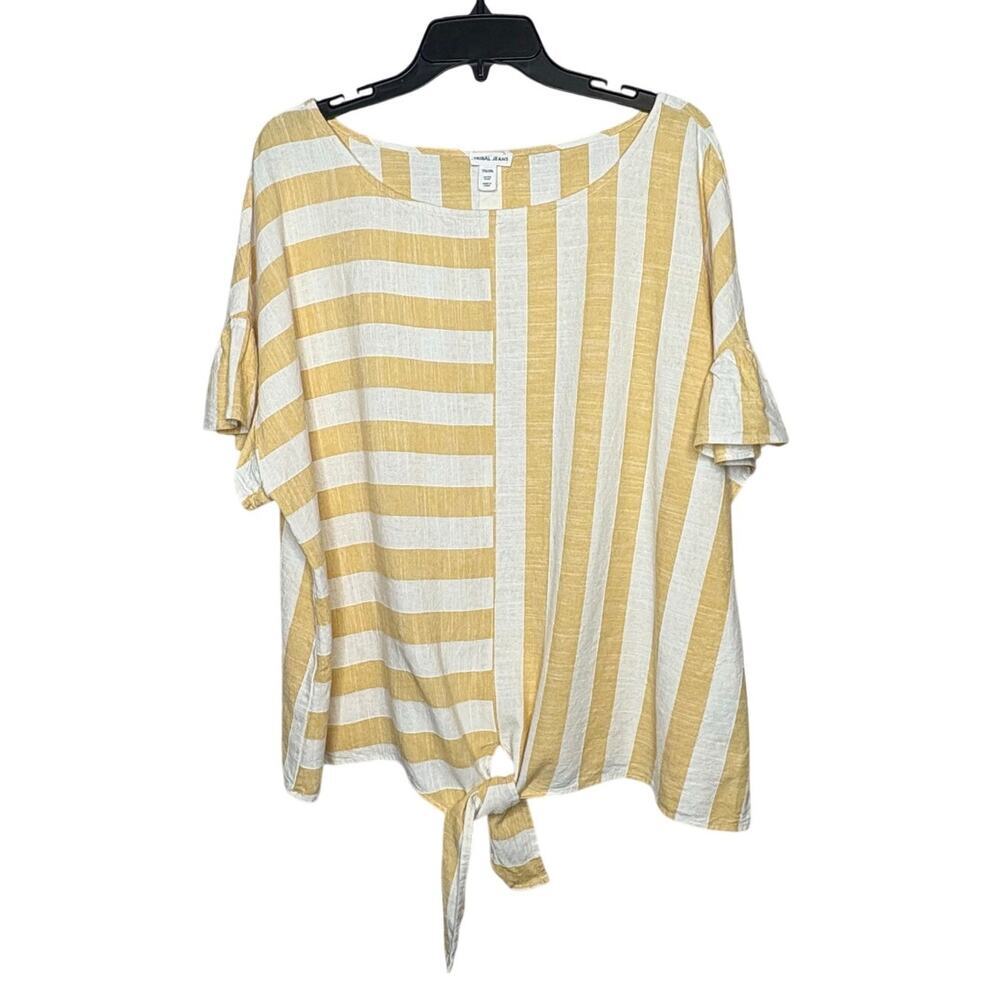 Tribal Jeans Yellow White Striped Boxy Linen Lagenlook Front Tie Top Size XXL
